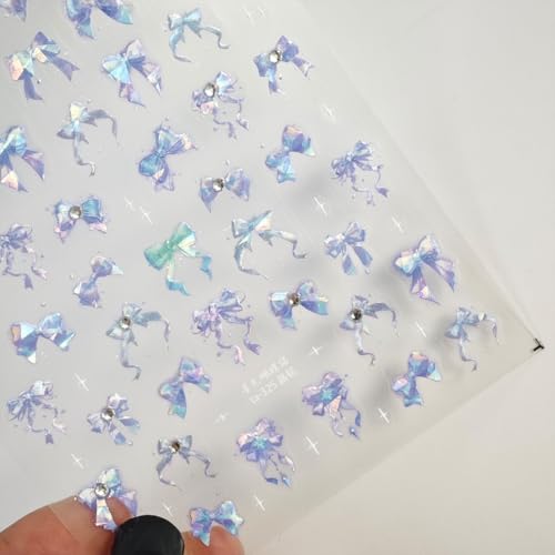 Image of Bow Nail Art Stickers Blue Purple Nail Decals with Rhinestone Design 5D Embossed Self-Adhesive Nails Art Supplies for Women Girls Kid DIY Manicure Decoration