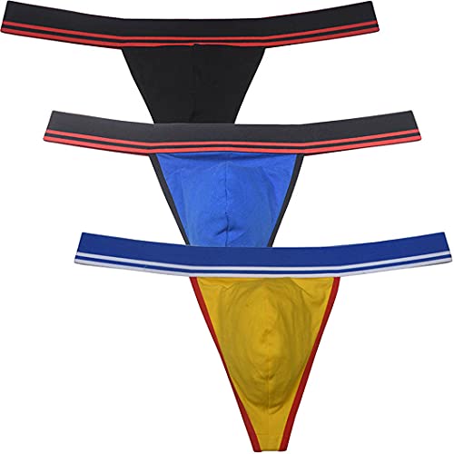 Men's Stretch Cotton Bikini Thong Underwear Wide Waistband T-Back Soft String Tangas Bulge Pouch