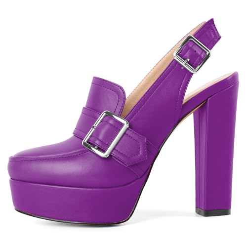 Image of Women's High Heel Loafers Platform Pumps Round Toe Heels Chunky Heel Pumps Stylish Comfortable 4.8 Inch Slingback Heels