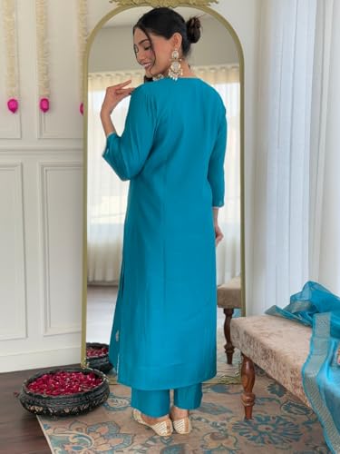 Image of Naixa Women's Viscose Embroidered Straight Kurta with Pant and Dupatta Sets (Available in Plus Size) (NX-674)