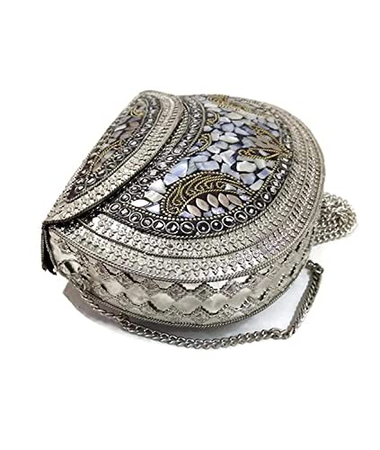 Image of Shakuntala Vintage Clutch - Metal Mosaic Stone & Shell Design Purse - Handmade Women's Handbag
