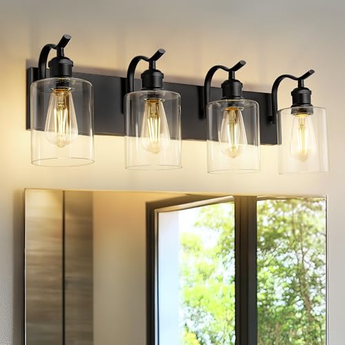 Image of 4-Light Black Bathroom Light Fixture Over Mirror, Modern Vanity Light, Clear Glass Wall Sconce, VL01BK-4