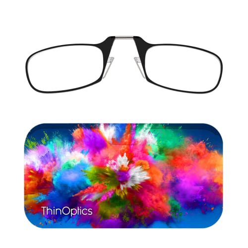 ThinOptics Reading Glasses 2.50 Black Frames with Colour Burst Universal Pod Compact Case - Ultra-light Foldable Rectangular Glasses - Clip-on Nose - 2.50 Strength with Flex-Fit Technology
