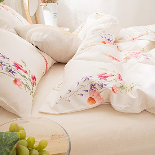 Merryword Botanical Floral Bedding Pink Flowers Duvet Cover Set Pink Orange Purple Flowers Printed French Country Style Bedding Sets Queen 1 Duvet Cover 2 Pillowcases (Queen, Offwhite) #TOP4