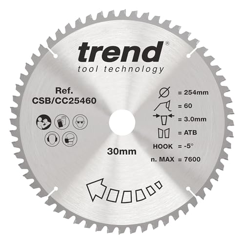 Trend Wood Mitre Saw Blade, 254mm Diameter, 30mm Bore, 60 Teeth, 3mm Kerf, -5° Hook, TCT, Fine Finish, CSB/CC25460