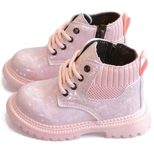 Girls Boys Lightweight Ankle Boot High Top Lace up Boots Western Side Zipper Shoes Work Combat Booties Pink