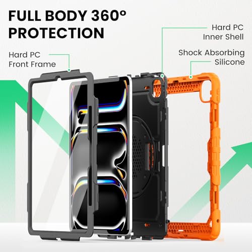 SEYMAC Case for iPad Pro 13 Inch M5 2025 / M4 2024, Heavy Duty Shockproof Protective Case with Screen Protector, 360° Rotating Stand, Hand/Shoulder Strap and Pen Holder, Orange