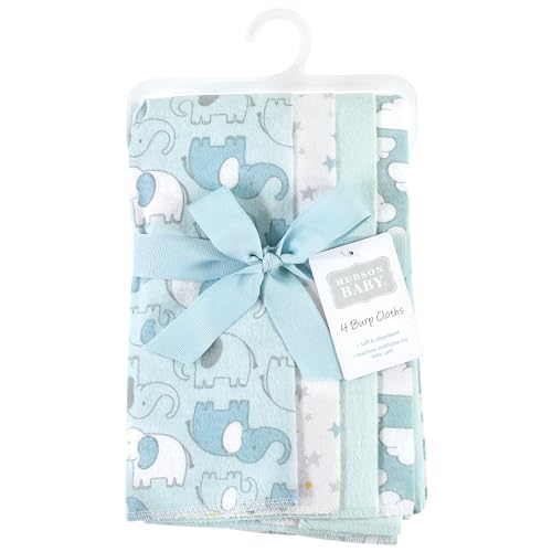 Image of Hudson Baby Unisex Baby Cotton Poly Flannel Burp Cloths, Boy New Elephant 4-Pack, One Size