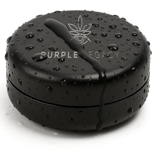 PURPLE LEGACY Ultra leichte Stash Box Aluminium Dose I Wasserdicht I Luftdicht I ø55x24mm I UV Licht geschützte Box für Pillen Kräuter Gewürze| Alternativer Taschenaschenbecher Schwarz