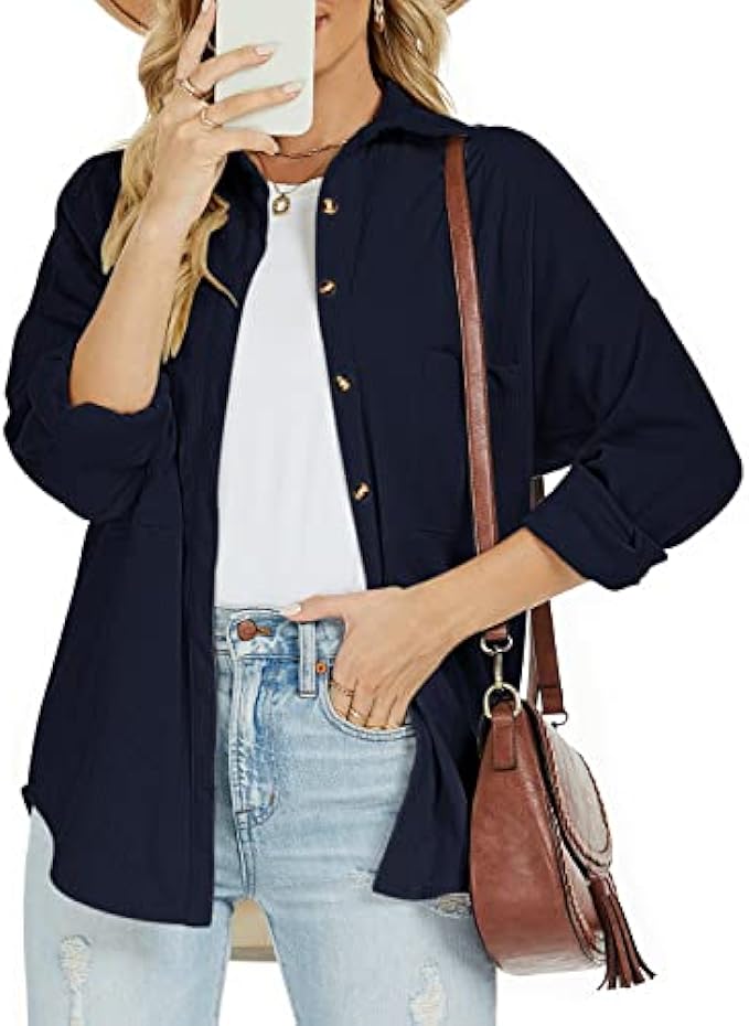 Womens Corduroy Shirts Shacket Casua Long Sleeve Button Down Blouses Jacket Top with Pockets