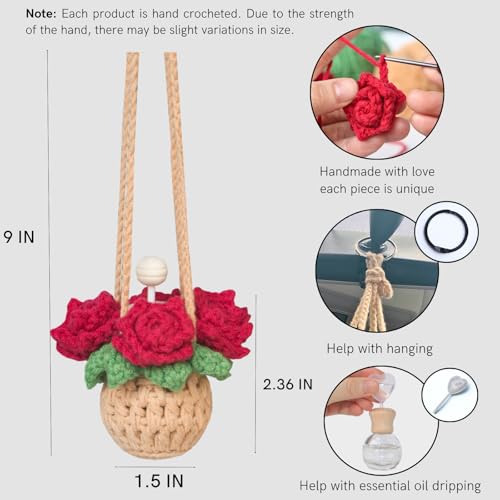 Image of ROFIGL Handmade Crochet Hanging Car Air Freshener - Romantic Red Rose Design, 12ml Refillable Thick Glass Bottle, Car Diffuser for Rearview Mirror, Home & Office Romantic Decor