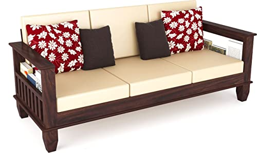 Image of Solid Sheesham Wood Sofa Set 3 Seater | Wooden 3-Person Sofa Couch for Home Office | Sofa Sets for Living Room | Three Seater Sofa with Side Magzine & Newspaper Holder | Walnut Finish