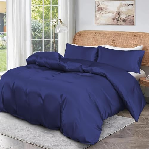 Roseley 100% BAMBOO Duvet Cover Set 300TC Organic Hypoallergenic Bed Linen Breathable Natural Fabric Temperature Regulating Machine Washable & Sustainable Bedding [Navy Blue, Double]