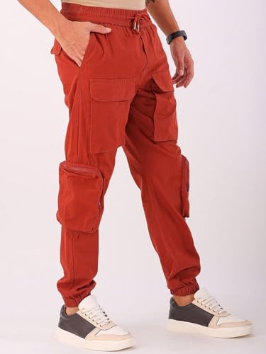 Image of The Indian Garage Co Men Regular Fit Solid Mid-Rise Elasticated Cuffed Cargo Joggers