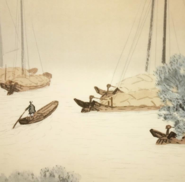 川合玉堂、磯之朝、超希少額装用画版、新品額装付 川合玉堂、【田植】、希少な大判額装用画集より、新品高級額装付
