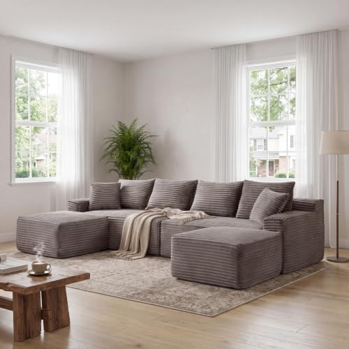 115" U-Shaped Cloud Sectional Couch, Modular Compressed Boneless Sectional Sofa W/Reversible Ottoman Chaise Lounge, Plush Corduroy Boneless Symmetrical Sofa for Living Room