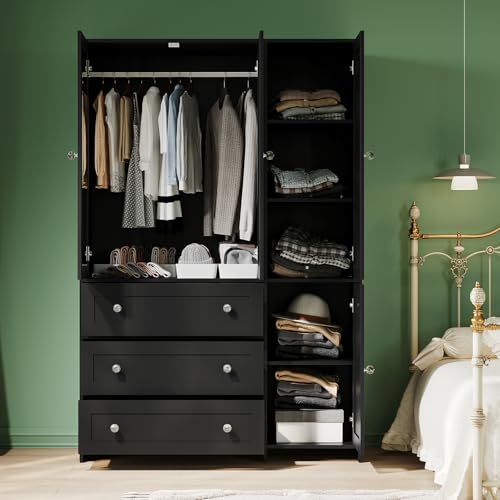 Image of VOWNER Armoire Wardrobe Closet with Drawers and Mirror, 71 inch Clothing Storage Cabinet with Hanging Rod, 4 Doors Wooden Wardrobe Cabinet for Bedroom, Large Capacity Storage