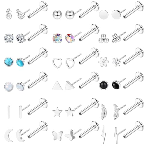YADOCA 20G Threadless Flat Back Earrings for Women Men - Hypoallergenic Surgical Steel Push in Nose Stud Rings Labret Cartilage Lip Rings Medusa Nostril Conch Tragus Piercing Jewelry 18 Pairs