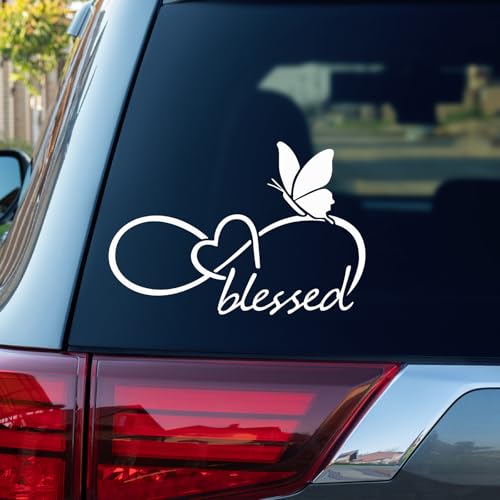 Image of Blessed Butterfly Infinity Heart Decal - 8.6 inch x 5.8 inch Waterproof Vinyl Sticker for Car, Truck, Window, Bumper, Laptop, Wall (White)