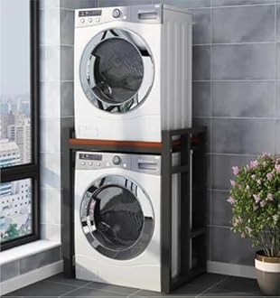 HOLMZCED Thicked Steel Washer Dryer Stacking Rack Stand, Wooden Standing Washer Dryer Machine Rack Shelf Stackable Washing Machine Shelf Heavy Duty Space Saving for Laundry Room Bathroom