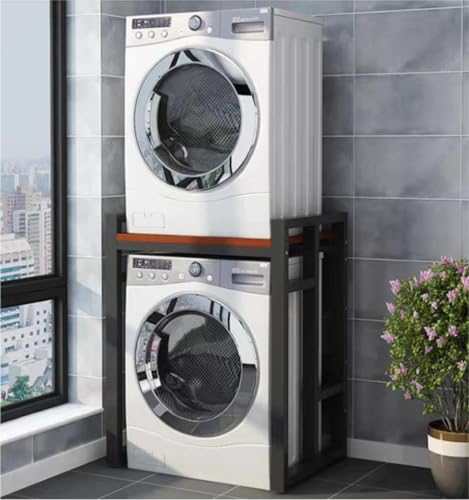 HOLMZCED Thicked Steel Washer Dryer Stacking Rack Stand, Wooden Standing Washer Dryer Machine Rack Shelf Stackable Washing Machine Shelf Heavy Duty Space Saving for Laundry Room Bathroom