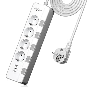 Steckdosenleiste überspannungsschutz(4000W 16A),KEPLUG Mehrfachsteckdose mit 2 Type C 1USB A,Steckdosenleiste einzeln schaltbar wandmontage kindersicherung,Steckdose mit USB C 2 m Kabel