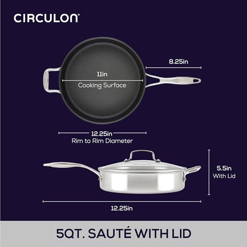 Circulon Scratch Defense 30cm Saute Pan with Lid: Non Stick Stainless Steel Saute Pan with Helper Handle and Glass Lid, All Hob Suitable