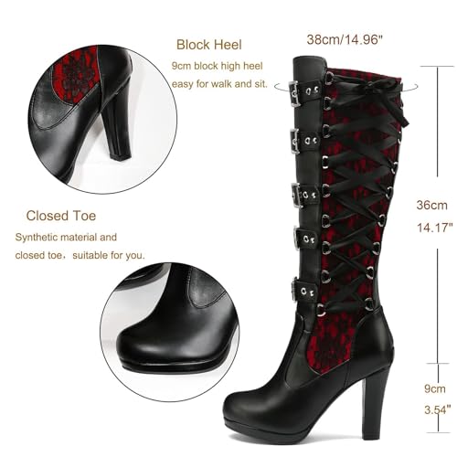 GUNIYIFS Women Lace Knee High Boots Buckle High Heel Knee Boots Lace Up Punk Platform Back Zipper Riding Goth Combat Bootie2