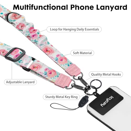 Image of Icycay Phone Lanyard Crossbody Strap Neck Adjustable Teacher Women Peony | for Cell Phone Case Keys ID Badges, Anti Theft, Multifuctional, Cute Phone Holder, Travel Hiking Essential Accessories, Gifts