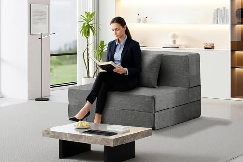 Image of Los Angeles Foldable One Seater Sofa Cum Bed, Sofa Bed 3 X 6 Feet, Jute Fabric Washable Cover Including One Cushion Perfect for Home & Office, Guest Room - Grey Color