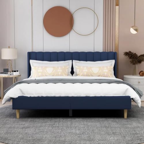 Image of Low Profile Upholstered Platform Bed with Winback Headboard | Bed Queen Size | Bed for Bedroom, Living Room | Bed Without Storage | Mattress not Included | Fabric Color:- Blue