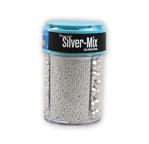 Decocino Silver Mix Glam 4fach Streuer - eine aussergewöhnliche Silber Streusel Mischung, 4 verschiedene Silberstreusel ideal für Kuchen, Torten und Back Deko, mit echtem Silber