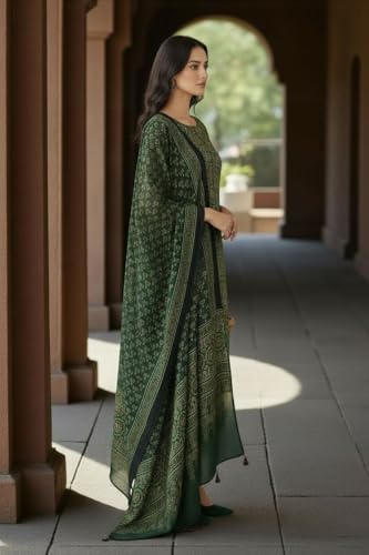 Image of Eddika naturally dyed women's unstitched 2-piece Ajrakh Hand Block Printed Modal Silk dress material. (Top & Dupatta) Endmstpss029
