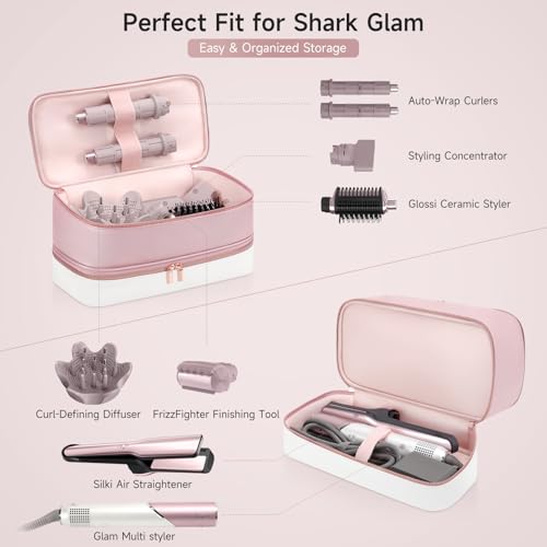 Image of Travel Hair Dryer Case for Shark Glam, Portable Hair Tools Bag for Shark FlexFusion, Double-Layer Storage Carrying Case for FlexStyle Blow Dryer, Silki Straightener & Glossi Attachments Holder (Pink)