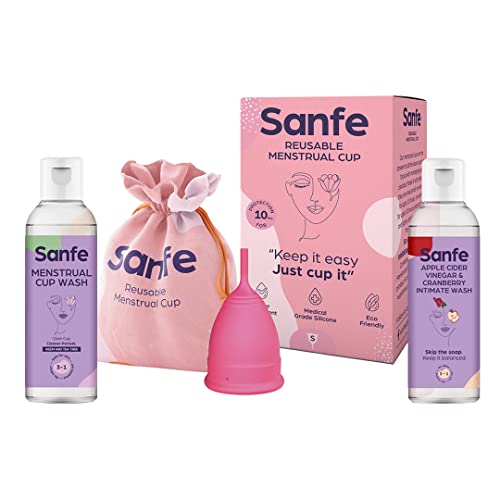 Image of Sanfe FDA Approved Silicone Reusable Menstrual Cup - Small Size with Pouch, Mini Apple Cider Vinegar & Cranberry Intimate Wash & Cup Wash | Ultra Soft Period Cup Made with Liquid Medical Grade Silicone Protection