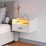 ChromaCasa Comodino Sospeso con LED RGB E 2 Prese AC/2 Porte USB,Comodini Sospesi Camera da Letto A 3 Livelli Con Legno,1 Cassetto,Ripiano In Vetro Temperato per Camera da Letto(42x30x26cm,Bianco)
