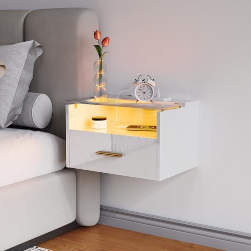 ChromaCasa Mesita de Noche Flotante con LED RGB y 2 Salidas de AC/2 Puertos USB,Mesitas de Noche Colgantes de 3 Niveles con Madera,1 CajóN y 1 Estante de Vidrio Templado para Dormitorio (Blanca)
