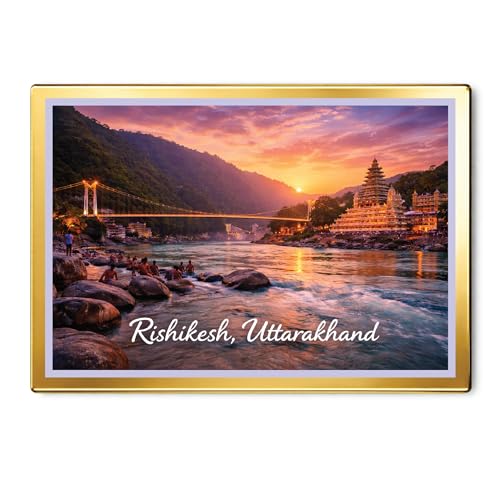 Image of Decorative Fridge Magnet with Glowing Border | Pack of 1 (Rishikesh, Uttarakhand, 4x3 inch - Golden Border)