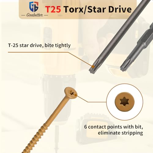 Goobetter Wood Screws 4 Inch, 200 Pcs Construction Fence Screws, 10 x 4 Deck Exterior Screws for Wood, Rust Resistant, 2 Pcs T25 Star Bits Included, Yellow - Thumbnail 4