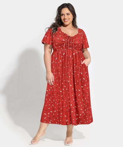 Image of CARCOS Plus Size Dresses for Curvy Women Tie Sweetheart Neck Summer Maxi Dress Short Sleeve Empire Waist Floral Boho Dress