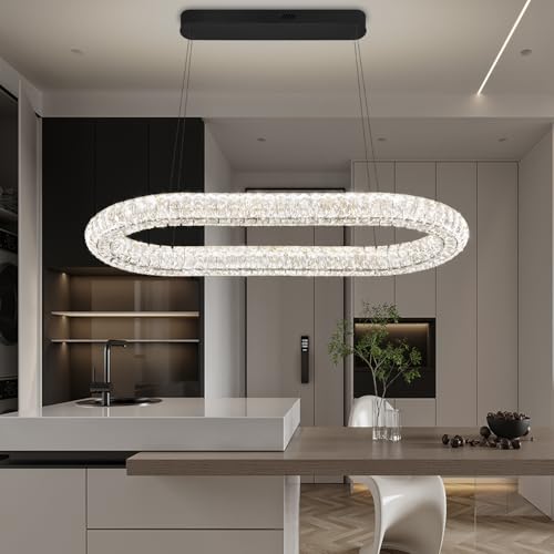 IDEQUY LED Crystal Ring Chandelier, 40'' Black Crystal Ring Pendant Light for Kitchen Island Modern Linear Oval Chandeliers for Dining Room Dimmable 3000K-6000K by IDEQUY - Image 5