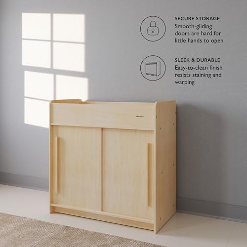 Foundations SafeGlide Daycare Changing Table, Durable Wood Construction, Built-in Shelving for Ample Storage, Gliding Doors, Adjustable Safety Strap, Includes Foam Mattress Pad (Natural)