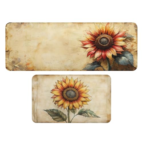 WTTPYDL Sunflower Kitchen Rug Set of 2, Cartoon Vintage Paper Flower Kitchen Rugs and Mats Non Skid Washable Microfiber Runner Rugs Accessories Decoration Floor Mats 17x29 and 17x47 Inch by WTTPYDL - Used condition - US$21.72