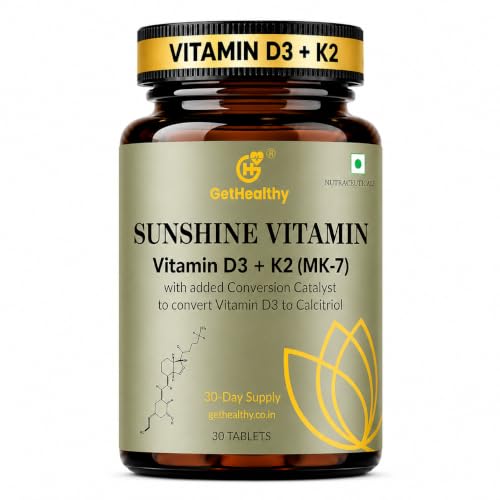Image of GetHealthy Sunshine Vitamin Premium Vegan Vitamin D3 K2 MK7 Tablets | Lichen D3 600 IU + MK-7 55 mcg with Zinc, Curcumin, Piperine, Magnesium & MCT | Bone, Heart & Immune Support | Lab Tested | 30 Day Supply