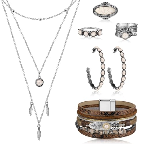 Image of Ecally Bohemian Western Jewelry Turquoise Set Women Country Pendant Long Choker Layered Bracelets Earrings Ring for Women