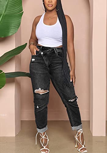 Lucuna Women's Ripped High Waisted Boyfriend Jeans Distressed Skinny Stretchy Denim Pants3