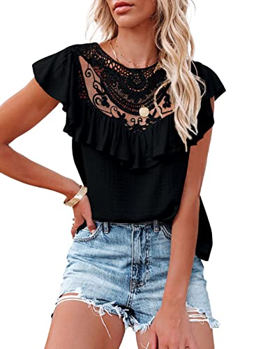 Dokotoo Damen Bluse Sommer Spitzen Blusentop Elegant Top mit Rüschen Rundhals Kurzarm Oberteile Tshirt Tops, schwarz, M Cover