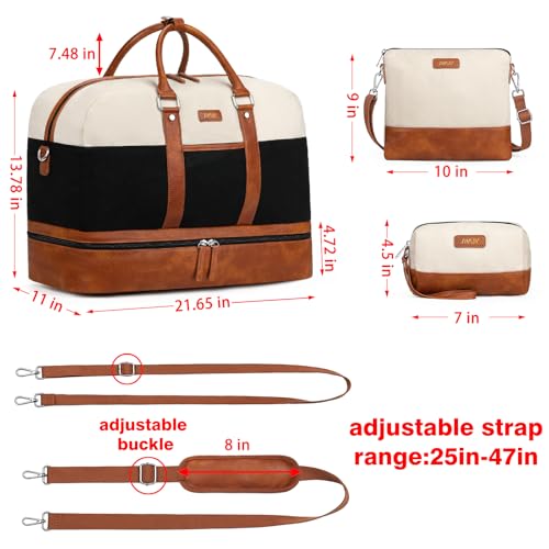 Image of Weekender Bag for Women, Large Overnight Bag Canvas Travel Duffel Bag Carry On Tote with Shoe Compartment 21 inch 3Pcs Set, A11-brown+beige+black, Large, Casual Travel
