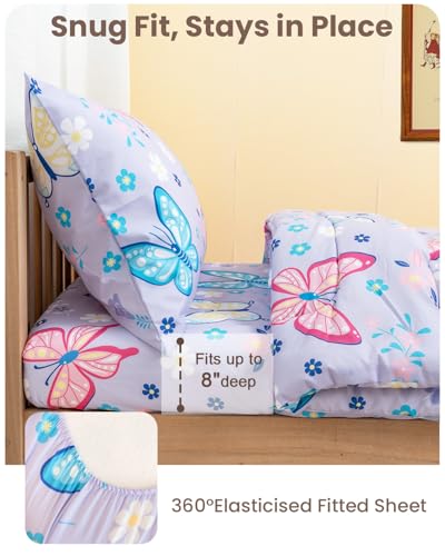 Image of TinyPalsa 4-Piece Toddler Bedding Set, Toddler Bed Comforter Set for Girls | Includes Comforter, Fitted Sheet, Flat Sheet & Pillowcase, Purple Butterfly