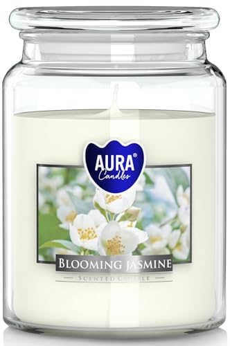 BISPOL Große Duftkerze im Glas mit Deckel, 100 Stunden brennend, Durchmesser 9,9 cm und Höhe 14 cm, Duft: JASMINBLÜTE